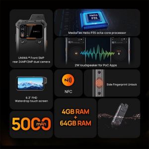 Smartphone Antichoc Étanche 4GB+64GB Android 11 Batterie 5000mAh 6.3 Pouces Orange YONIS - Neuf