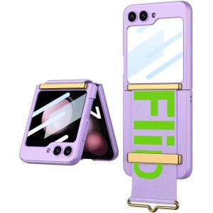 Sjzg-Esong Coque Pour Samsung Galaxy Z Flip7 Avec Protection D'&eacute;cran Arri&egrave;re/Support De Bracelet En Cuir,Dragonne De Luxe Ultra Fine L&eacute;g&egrave;re Rigide Pc Housse,Dragonne B&eacute;quille,Antichoc Bumper-Violet - Neuf