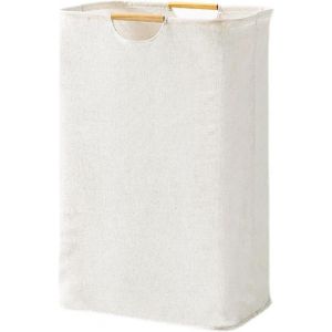 MEVRONISSHOP-Panier a Linge Tissu Oxford Blanc 39&times;53&times;27 cm, Panier &agrave; Linge Grande Capacit&eacute; Pliable avec Manche en Bois, Corbeille a Linge pour Chambre Salon Chambre D'enfant Salle de Bain et Voyage - Neuf