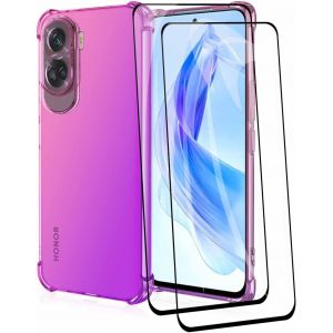 Kal-Coque Pour Honor 90 Lite + 2 Verre Trempé, Étui En Gradient Color Tpu Case Cover, Housse De Protecteur Transparente Antichoc Souple Silicone Bumper (Rose/Purple) - Neuf