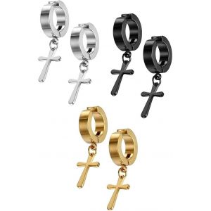 Trahoo-Ltzb Lot De 3 Paires De Boucles D'oreilles Pour Homme Et Femme Sans Trou En Acier Inoxydable Avec Pendentif Croix - Neuf