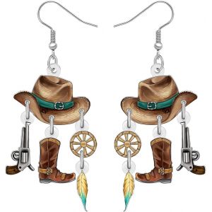 Kal-Boucles D'oreilles Pendantes Amusantes En Acrylique Avec Chapeau De Cowboy Et Cowgirl - Style Bohème - Musique Country - Bijoux Faits À La Main - Cadeaux Pour Femme - Breloques Rodéo - Neuf