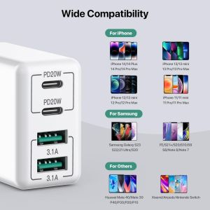 [2 Pi&egrave;ces] Chargeur Usb C 40w, 4 Ports Usb C, Bloc De Charge Rapide Dual Port Pd+Qc Prise Murale Multiport Type C Compatible Avec Iphone 12/13/14/15/Pro Max/Xs/Xr/8/7/Samsung/Tablette - Neuf
