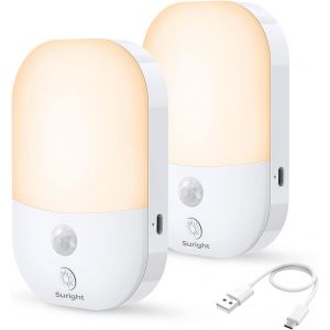 Veilleuse Type-C Rechargeable, 2 Pack Veilleuse Avec D&eacute;tecteur De Mouvement Et 5 Niveaux Luminosit&eacute;s 3 Modes(Auto/Off/On), Veilleuse Enfant Pour Chambre, Escalier, Couloir, 2800k Blanc Chaud - Neuf