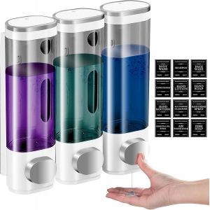 KAL-Distributeur De Savon Mural À 3 Compartiments - Distributeur De Savon Mural - Sans Perçage - Distributeur De Savon - Distributeur De Gel Douche - Convient Pour Shampooing, Savon Liquide, - Neuf