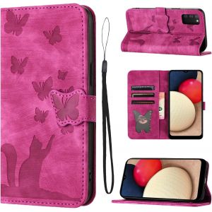 Sansh-Housse Protection Pour Samsung Galaxy A02s 6.5 Pouces Sm-A025f/Ds Matériau En Cuir Pu Coque Samsung A02s Avec Fentes Pour Cartes Étui Motif Papillon Chat Rose - Neuf