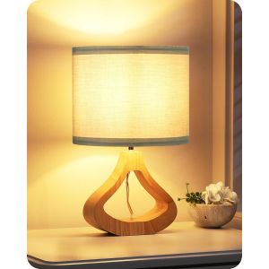 Lampe De Chevet Moderne Avec Abat-Jour Vert Amande En Lin Et Base En Bois Teint&eacute; Ch&ecirc;ne Clair, E27 Douille, 2700k Ampoule Led Incluse, H34 Cm, &Oslash;21 Cm, Pour Salon, Chambre, Bureau - Neuf