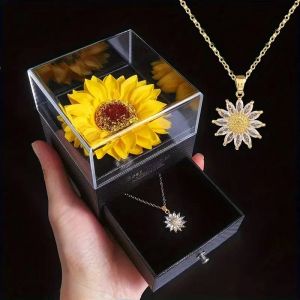 Collier D&eacute;licat En Acier Inoxydable Plaqu&eacute; Zircon Marguerite Tournesol Pendentif Collier Avec Bo&icirc;te-Cadeau Tournesol Pour Femmes Filles Bijoux--45cm - Neuf