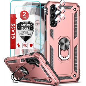 Sansh-Coque Pour Samsung Galaxy A14 4g&5g/A 14 Avec 2 Verre Trempé Et 2 Protection Camera, Anneau Support Militaire Anti-Chute Pc Bumper Antichoc Rigide Armure Housse Etui Pour Samsung A 14or Rose - Neuf