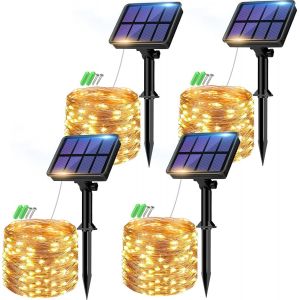 Lot de 2 Guirlande Solaire Exterieur, Totale 16m 160LED Lumineuse Étanche, 8 Modes Décoration pour Jardin Terrasse Cour Noël Mariage Fête, Blanc Chaud - Neuf