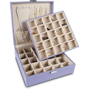 Boîte à bijoux classique à 50 compartiments pour ranger des boucles d'oreilles, double couche avec 6 crochets pour colliers et poche pour bracelets (noir) - Neuf