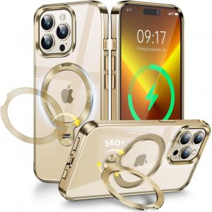 LORANKA-[Anneau M&eacute;tallique CD & 360&deg; Rotation Support Invisible] Coque Magn&eacute;tique pour iPhone 13 Pro Max [Compatible Magsafe] [Pare-Chocs Antichoc Galvanis&eacute;] Coque Fine Transparente avec Support &iquest; Or - Neuf