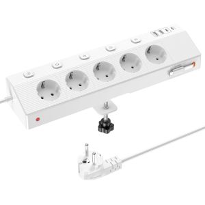 Multiprise avec USB C PD 30W, (Prise Europ&eacute;enne) de Table avec 5 Prises Secteur et 5 USB, 4000W avec Individuel Interrupteur, Parafoudre et Surtension, Mult Prise pour Maison et Le Bureau (2M, Blanc) - Neuf