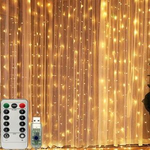 TRAHOO-Guirlande lumineuse LED USB pour ext&eacute;rieur et rideau lumineux Blanc chaud Int&eacute;rieur Guirlande lumineuse avec t&eacute;l&eacute;commande pour d&eacute;coration de f&ecirc;te, No&euml;l, chambre et bricolage, 3 m x 3 m - Neuf