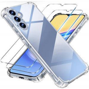 3 en 1 Verre Tremp&eacute; et Coque pour Samsung Galaxy A15 5G / A15 4G, [Coussin d'air Int&eacute;gr&eacute;] Anti-Jaunissement Souple TPU Bumper Coque Protection pour a15 Samsung 4g / 5g, Transparente - Neuf
