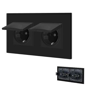 Prise 2 compartiments avec couvercle &eacute;tanche, prise Schuko avec borne enfichable, prise encastr&eacute;e avec plaque en verre cristal, double prise encastrable 16 A, prise murale 157 mm, noire - Neuf