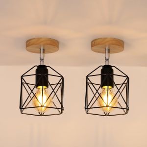 Ulteronixshop-Lot De 2 Plafonnier Industriel Vintage Lustre Abat-Jour En M&eacute;tal Et Bois E27 Suspension Luminaire R&eacute;tro Pour Couloir Cuisine Chambre Salon, &Oslash;14cm - Neuf