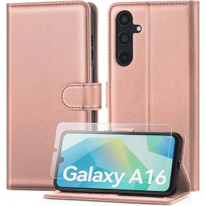 ELVORIX-Coque pour Samsung Galaxy A16 avec Verre Tremp&eacute;, &eacute;tui Cuir PU Magn&eacute;tique [ Pochette de Portefeuille ], Housse de Fonction Stand Video Porte Carte Credit &agrave; Rabat pour Samsung A16 -Or Rose - Neuf
