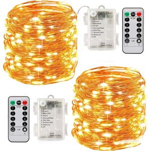 Guirlande Lumineuse À Piles De 2 X 10 M, Minuterie 100 S, Télécommande, Étanche Ip65, Décoration Intérieure Et Extérieure Pour Noël, Mariage, Maison, Jardin (Jaune) - Neuf