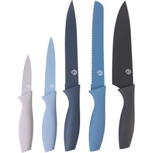 Eryi-Set Couteau Cuisine, Couteaux Compris Le Hachoir, Office, Chef, Legume & Eplucheur, Set Noir Inox Avec Poignées Confortables, Collection Antirouille, Azure, 5 Pièces - Neuf