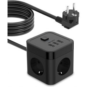 Cube Multiprise 5m Parasurtenseurs Usb 3 Prises Avec 3 Ports Usb Chargeur De Voyage Avec Interrupteur 3680w 16a,Cable 5m Pour Smartphone Tablette- Noir - Neuf