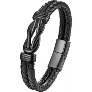 Eryi-Bracelet Homme Cuir, Bracelet Vikings Homme, Croix Chretienne Hommes Bracelets Acier Argent Noir, Bijoux Cadeau Hommes - Neuf