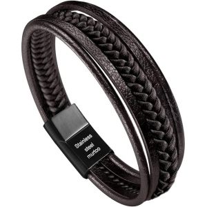 Trahoo-Homme Cuir Véritable Bracelet Et Acier Inoxydable Bracelet Multi Tissé Réglable Noir Ou Marron Cuir Bracelet Pour Les Hommes - Neuf
