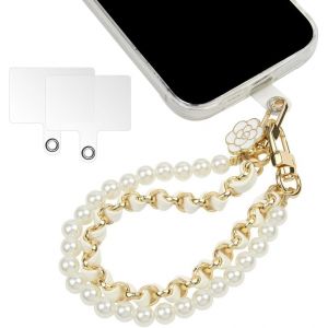 KALCX-Dragonne De Téléphone,Perle Chaîne Téléphone Portable Charme De Téléphone,Anti-Perte Longe De Téléphone Avec Chaîne En Cuir Métallique Et Fleur,Bracelet Telephone Avec 2 Patchs Arrière - Neuf