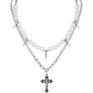 Kal-Necklace Men's Cross Necklace Punk Double Necklace With Cross Pendant Stainless Steel Necklace For Men Ladies - Neuf