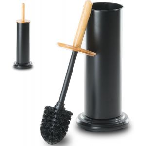 Brosse WC,Brosse de Toilette avec Manche en Bambou,Balai Brosse Toilette avec Support en Métal,Deux Têtes de Brosse,Base Lestée (Noir) - Neuf
