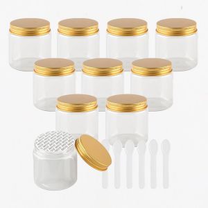 12 Pi&egrave;ces Vides Petit 250 ml Transparent Cosm&eacute;tique Pot en Plastique avec Couvercle Or 250 g Pots de Cosm&eacute;tique Cr&egrave;me de Bouteille Contenant avec 6x Spatules - Neuf