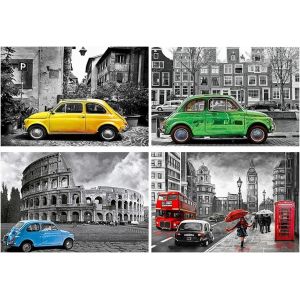Ayuhr-De 4 Diamond Painting Voiture Ancienne 30x40cm Tableau Perle Voiture Auto Jaune Diamant Painting Enfant Voiture Diamond Painting London Bus Rouge Broderie Diamant Paysage Italie - Neuf