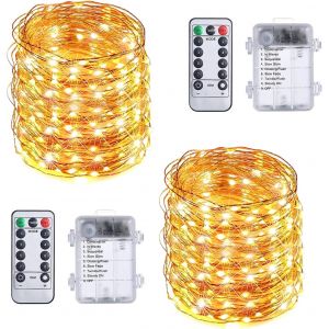 KAL-Guirlande Lumineuse D'Extérieur À Piles - 2 X 12 M - 200 Led - Résistante Aux Intempéries - 8 Modes - Ip65 - Étanche - Fil De Cuivre - Pour L'Extérieur Et L'Intérieur - Pour Jardin, Terrasse, - Neuf