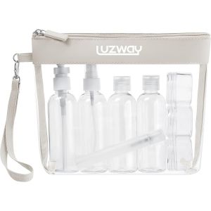 KALANKA-Trousse de Toilette Transparente + 8 Bouteilles Vide de Voyage pour Liquides(Max.100ml), Kit de Voyage pour l`Avion,Set de Voyage dans Bagages à Main, Sac Cosmétiques pour Hommes et Femmes - Neuf