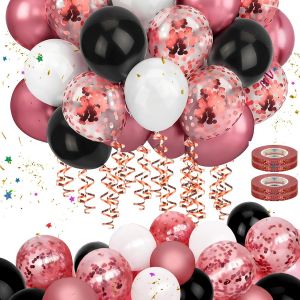AYUHR-Set de 60 Ballons Dorés Métalliques, Noirs et Transparents avec Confettis - Ruban Inclus pour Déco Anniversaire, Nouvel An, Mariage, Disco, Shower, Fête - Neuf