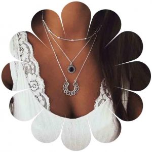 Collier Ras Du Cou Boho Fleur De Lotus Vintage Collier Pierres Noires Rondes Collier Pendentif Pierres Noires Collier Fleur Creuse Ethnique Collier Lotus Argent Collier Yoga Bijoux Pour - Neuf