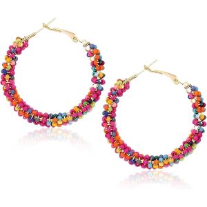 Kal-Boucles D'oreilles Créoles En Perles De Bohème Pour Femmes, Boucles D'oreilles Créoles En Perles Colorées, Boucles D'oreilles Décoratives En Perles, Peuvent Être Utilisées Comme Cadeau - Neuf