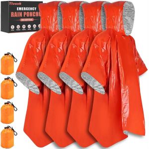 Paquet De 4 Poncho De Pluie D'urgence Avec Doublure De Couverture En Mylar,Couvertures De Survie Poncho Thermique,Couverture Thermique D'urgence Imperméable Pour Équipement De Survie,Camping - Neuf
