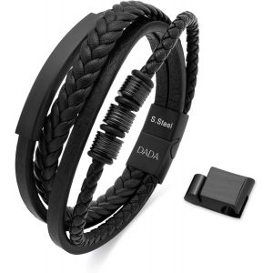 Eryi-- Bracelets Homme En Cuir Multicouche - Acier Inoxydable Hypoallergénique Doré Ou Satiné Noir, Chaîne En Cuir Véritable Tressé Multibrins 21cm Réglable - Fermeture Magnétique - Neuf