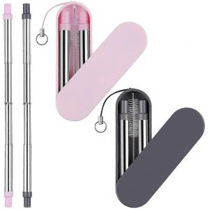 Ensemble de pailles pliantes portables Paille en silicone avec &eacute;tui de protection et brosse de nettoyage Paille t&eacute;lescopique en acier inoxydable - Neuf
