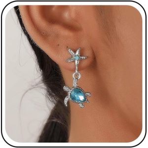 Kalhx-Boucles D'oreilles Tortue Étoile De Mer Boucles D'oreilles Tortue De Mer Argent Boucles D'oreilles Tortue Saphir Boucles D'oreilles Pendantes Boucles D'oreilles Étoile Mer Cristal Bleu Clous - Neuf