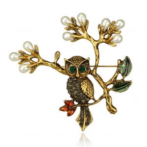 Exquis Fait &Agrave; La Main Femmes Dames Strass Hibou Broche Pin Accessoire De V&ecirc;tement (Or + Perle) - Neuf