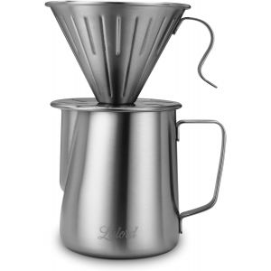MEVRONISSHOP-Cafeti&egrave;re &agrave; verser, Ensemble de cafeti&egrave;re en acier inoxydable 304 avec 100 filtres en papier #2 et pichet &agrave; mousse de lait de 600 ml, pour la maison et le camping - Neuf