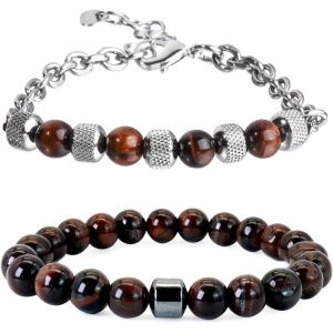 Eryi-Bracelets En Perles Bracelet En Acier Inoxydable Pour Hommes Bracelet De Perles En Pierre Naturelle 8mm Bracelet 2 Pcs Bracelet Extensible En Chaîne Perlée De Cristal Pour Hommes - Neuf