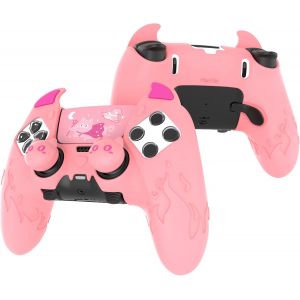 PlayVital Coque pour ps5 Edge Grip Manette avec Protection Joystick pour ps5 Edge Controller Accessoires & Autocollant Pav&eacute; Tactile,Housse Silicone Antid&eacute;rapant Cover Skin-Rose,D&eacute;mon Mignon - Neuf