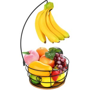 Support &Agrave; Bananes Avec Corbeille &Agrave; Fruits En Bois Et M&eacute;tal - Neuf