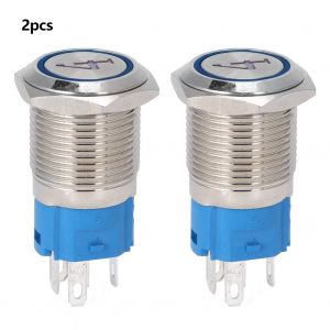 Lot de 2 interrupteurs a bouton-poussoir en metal a 5 broches, tete plate de 16 mm, a reinitialisation automatique, avec numero lumineux, 424 V CC, bleu - Neuf