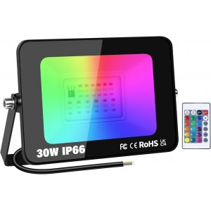 Dgbcz-Projecteur Led Extérieur De Sécurité, 30w Rgb Changeant De Couleur Avec Télécommande Ip66 Étanche À Intensité Variable, Applique Murale Pour Scène De Fête De Jardin (1 Paquet) - Neuf