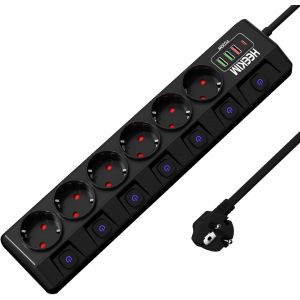 Multiprise 6 Prises, 7 Interrupteurs, 3 Ports USB-A et 1 Port USB-C, Protection Enfant, Rallonge Multiprises Electriques pour Smartphone, Maison, Bureau (4000W/16A) (Cordon de 2m, Noir) - Neuf
