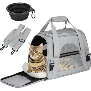 Sac De Transport Pour Chat, Caisse De Transport Chat Respirant Et Pliable Cage Transport, Avec Bandoulière Réglable (Gris) - Neuf